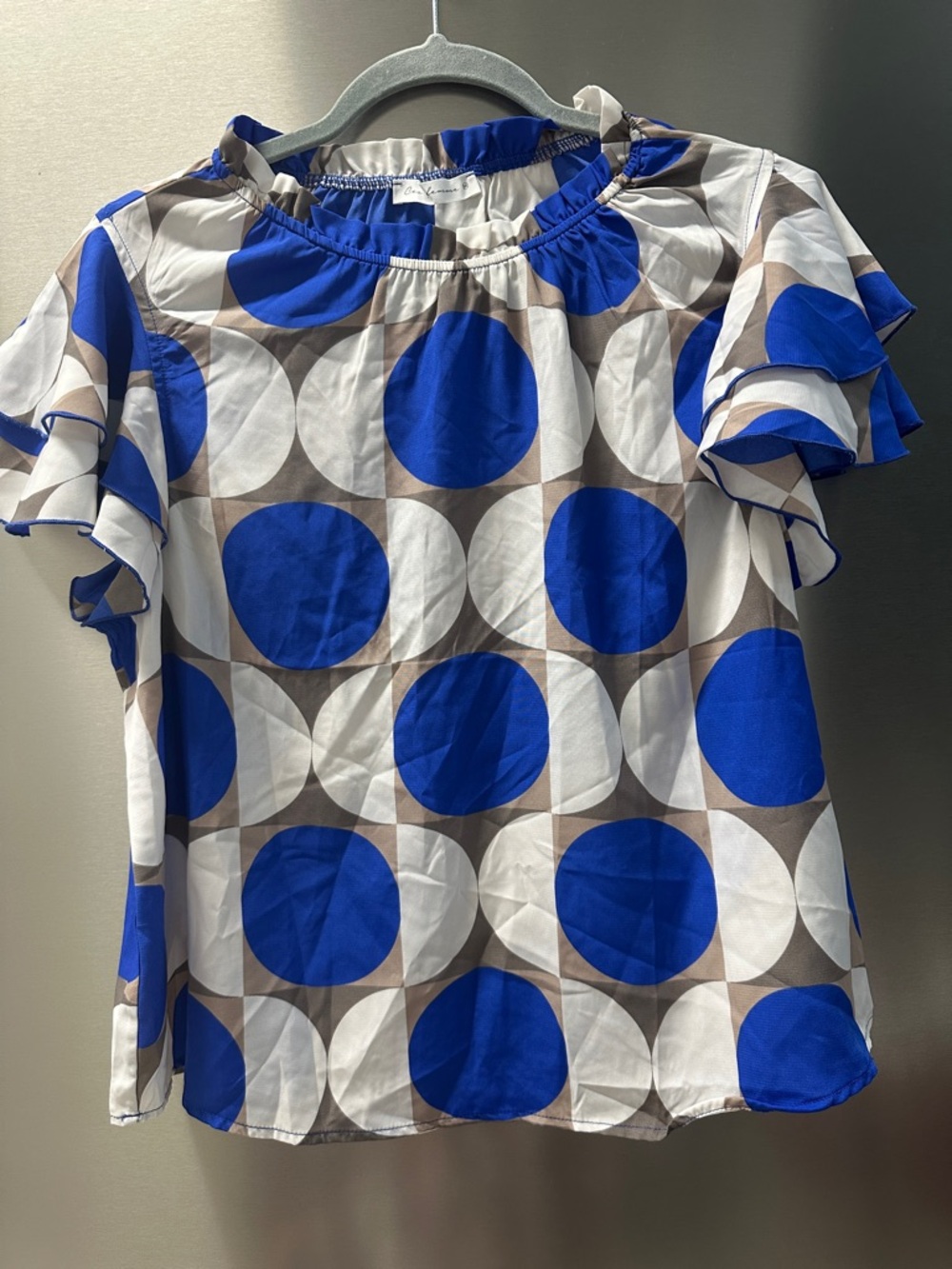 Ces Femme Blue, White & Brown Polka Dot Ruffle Sleeve Blouse